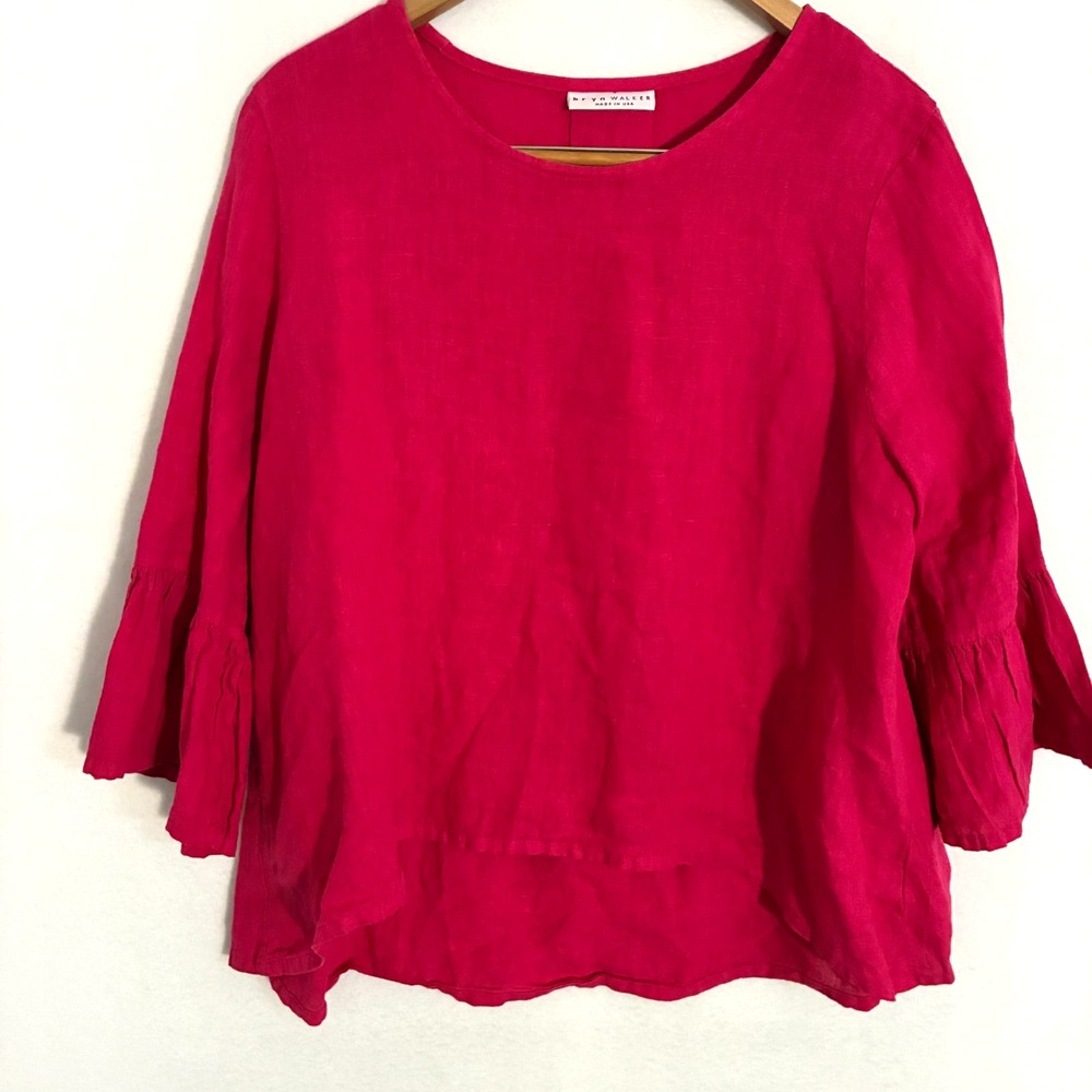 Bryn Walker Linen USA Made Top Fits Women's XL Pink Ruffle Bell Sleeve Blouse